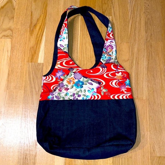 🆕RARE Japanese handmade repurposed denim & kimono 👘 tote bag / hidden zips - Picture 2 of 13